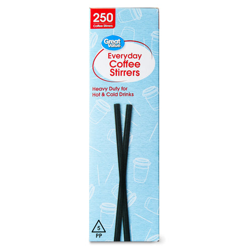 Front of Great Value Everyday Coffee Stirrers box with branding, two black stirrers and blue illustrated background
