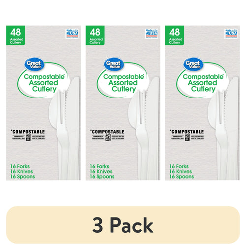 Three vertical Great Value boxes of compostable assorted white cutlery shown side-by-side with '3 Pack' label beneath