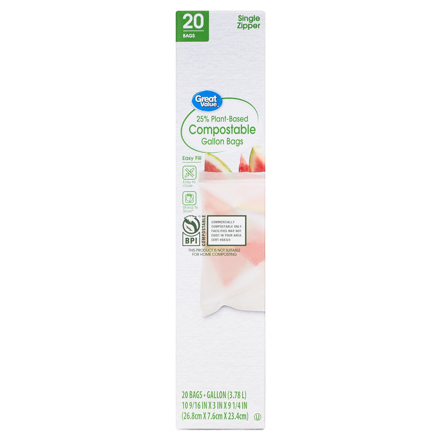 Single vertical Great Value compostable gallon bag box showing label, BPI logo and faint bag image