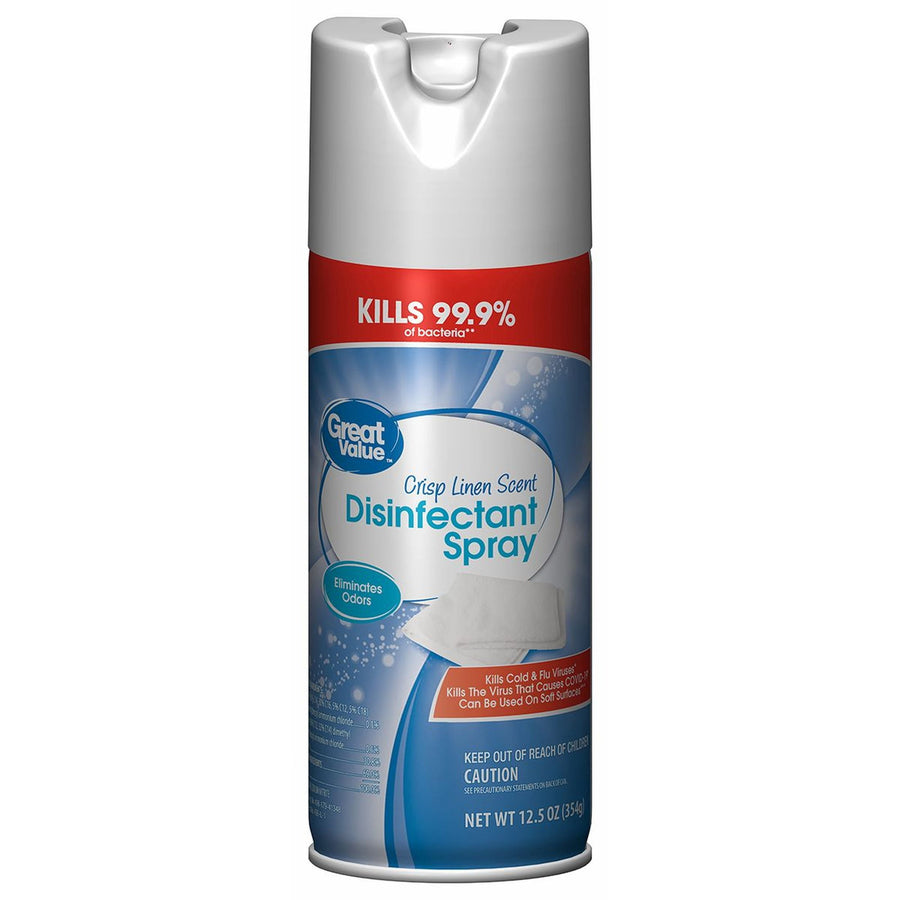 Studio shot of a Great Value Crisp Linen Scent Disinfectant Spray can with red banner reading KILLS 99.9% and blue product label.