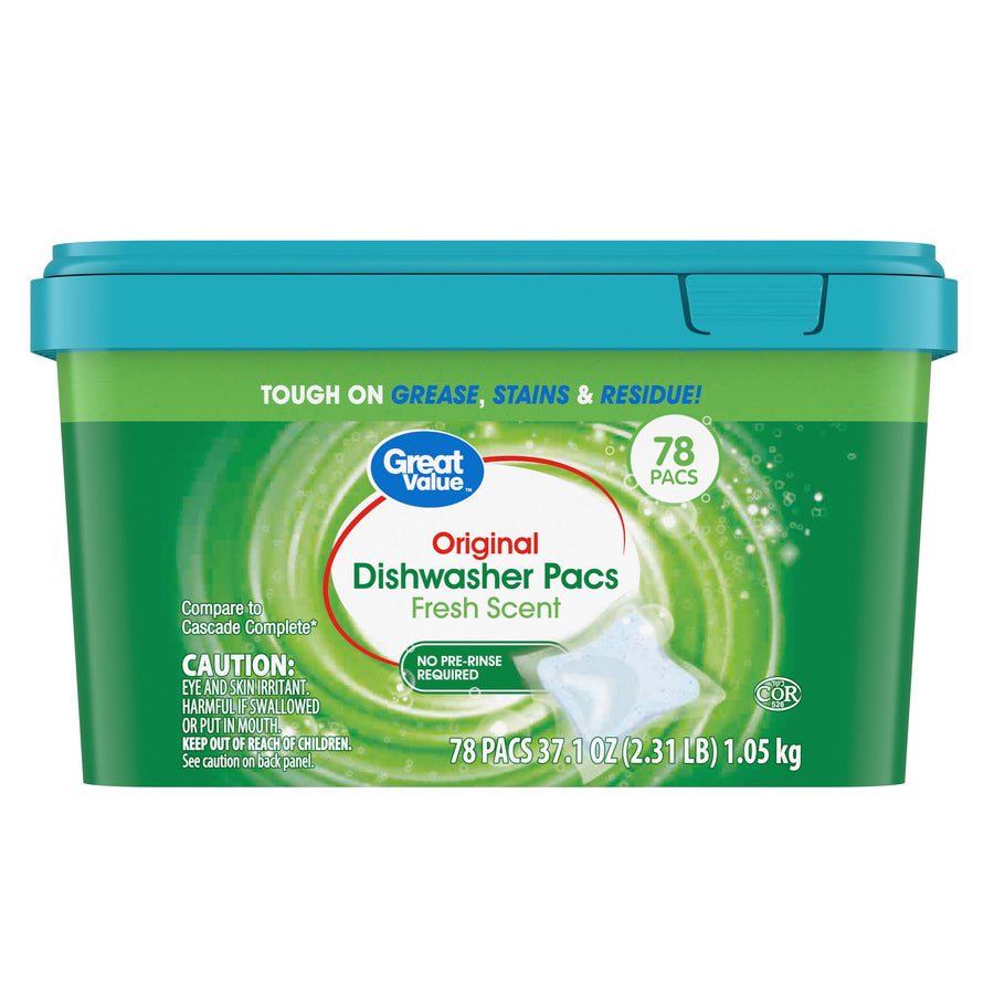 Green Great Value plastic tub of Original Dishwasher Pacs with teal lid and '78 PACS' badge on front.