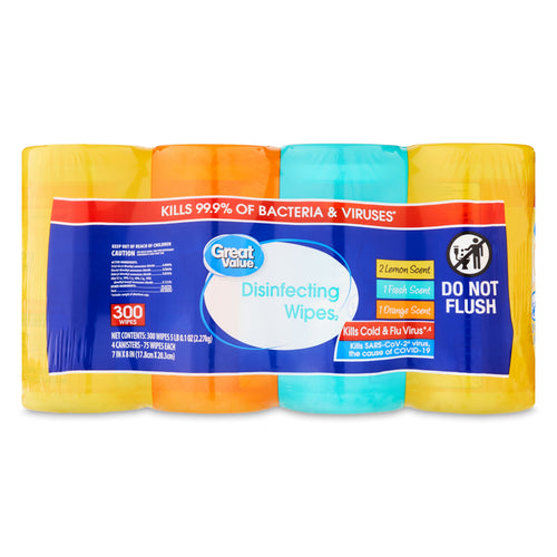 Front-facing shrinkwrapped four-canister pack of Great Value disinfecting wipes with multicolor canisters and blue product label