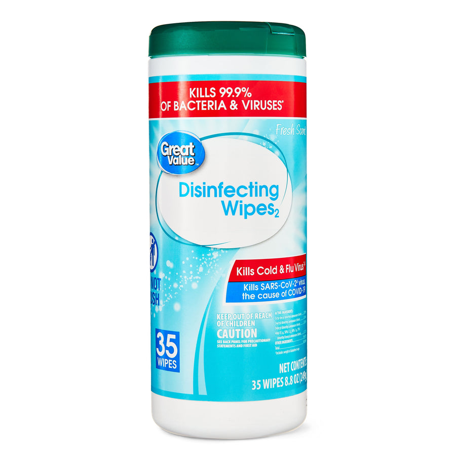 Great Value disinfecting wipes cylindrical container with green lid and blue label showing brand and product name on white background