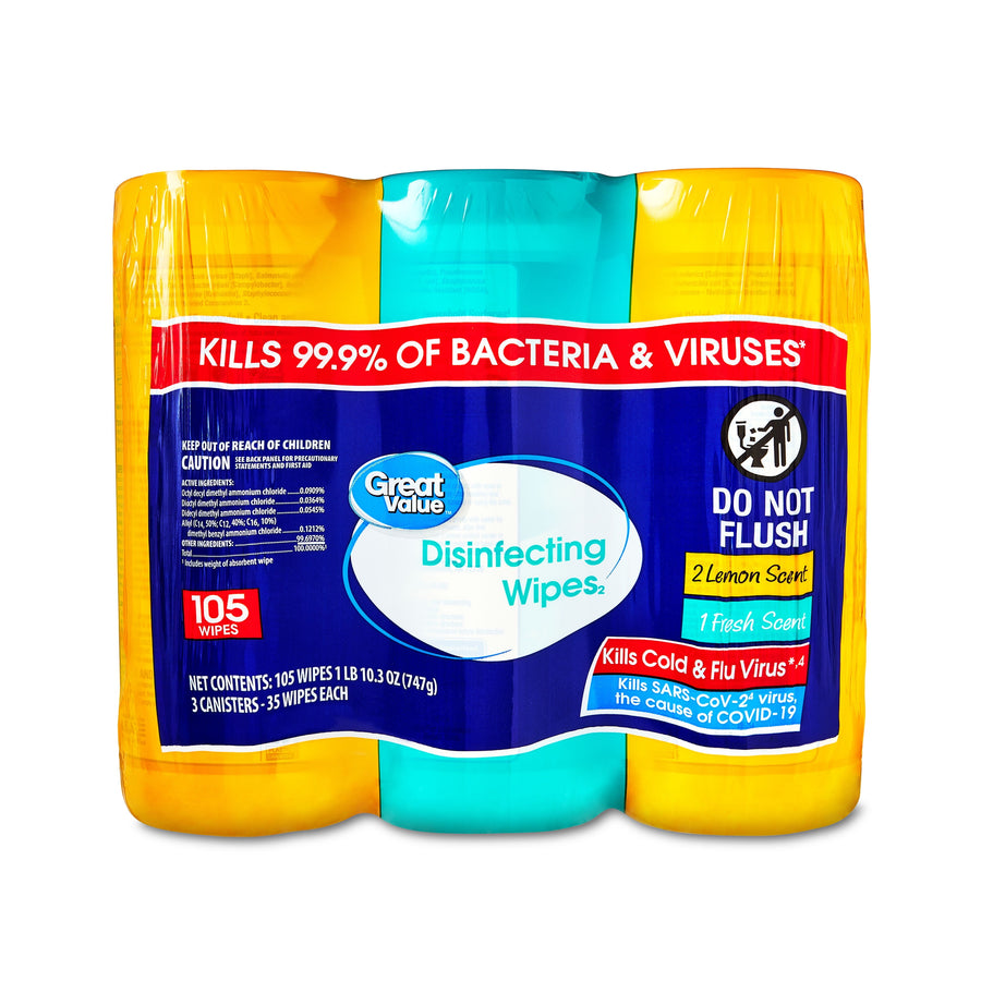 Front view of Great Value disinfecting wipes three-canister multipack with prominent branding and 'kills 99.9%' banner