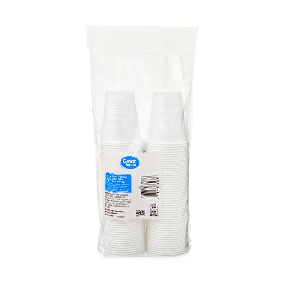 Rear view of a clear plastic bag containing stacked disposable cups with barcode and Great Value label