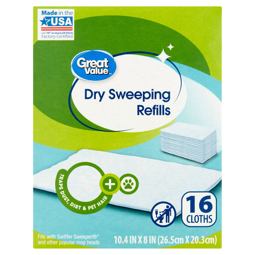 Great Value branded box of dry sweeping refill cloths with product name and 16 cloths badge