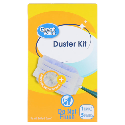 Bright yellow Great Value Duster Kit retail box with product name, handle graphic and package callouts visible