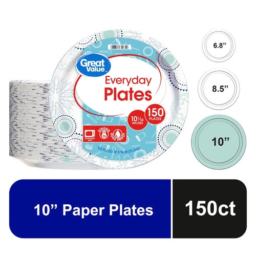 Packaged Great Value Everyday 10-inch paper plates front label showing product name and 150 count badge.