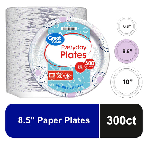 Packaged Great Value Everyday 8½-inch paper plates with label and size callouts on white background