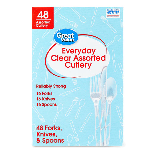 Great Value Everyday Clear Assorted Cutlery product box with blue background and clear plastic utensils pictured