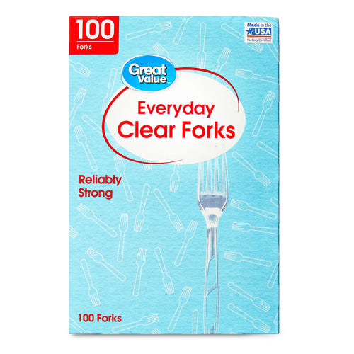 Front-facing Great Value Everyday Clear Forks box with blue patterned background and prominent product name and 100 count