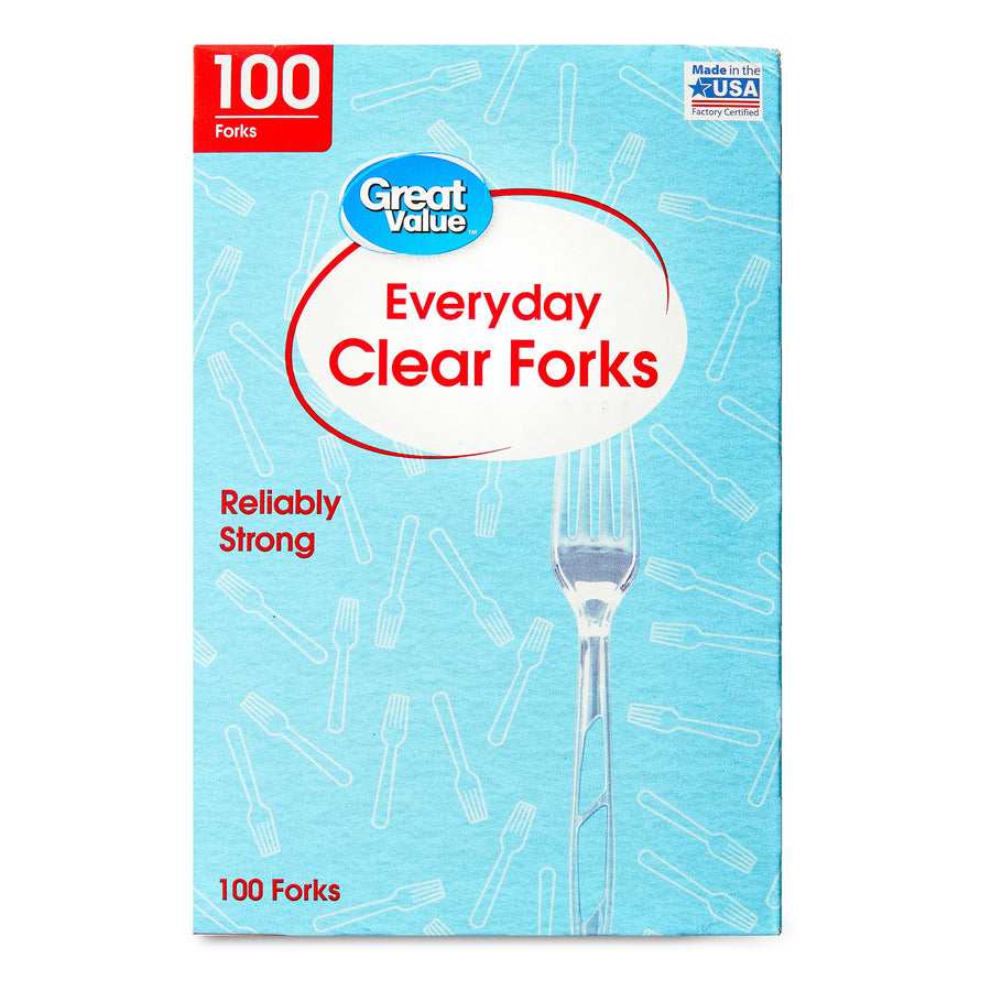 Front-facing Great Value Everyday Clear Forks box with blue patterned background and prominent product name and 100 count