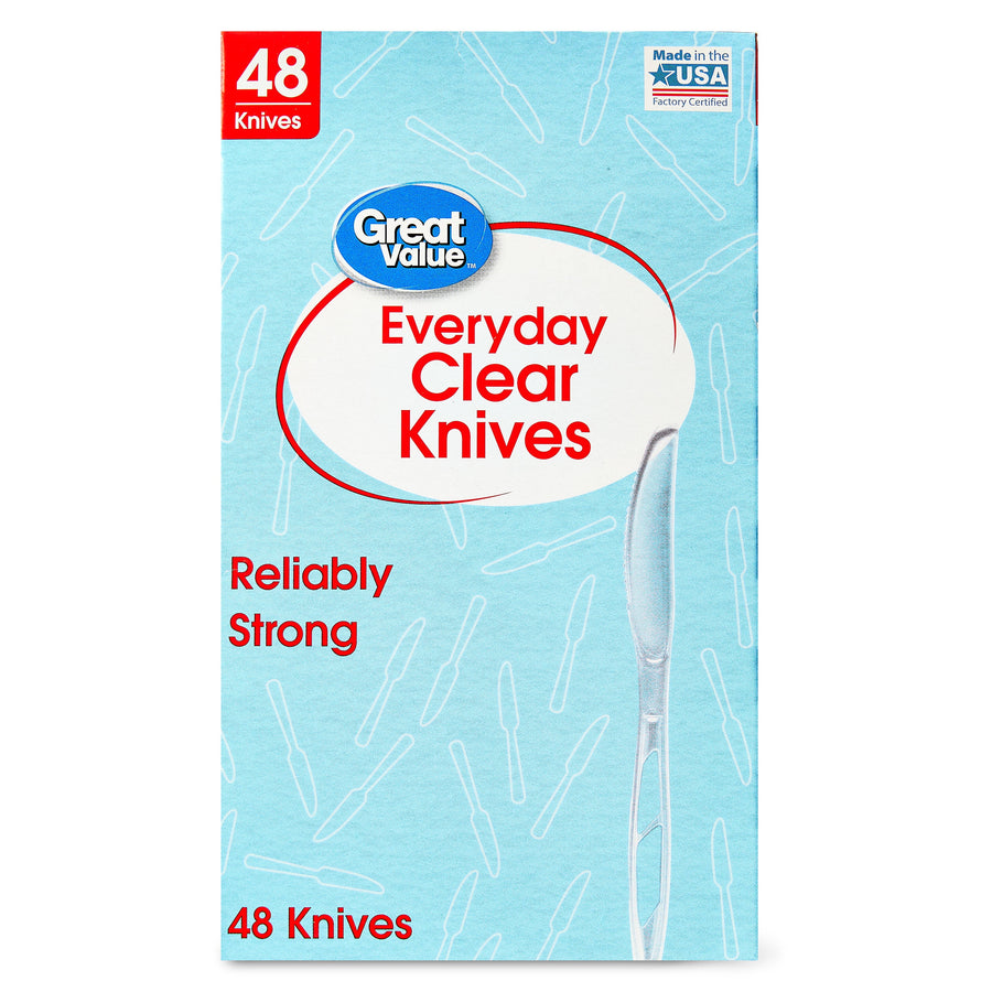 Close-up front view of Great Value Everyday Clear Knives packaging with product name and single knife illustration