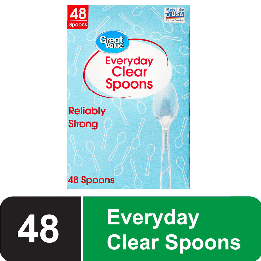 Front of Great Value Everyday Clear Spoons blue box with spoon illustration and 48 count label