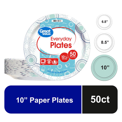 Great Value Everyday 10-inch patterned paper plate package front with white, teal and navy decorative design
