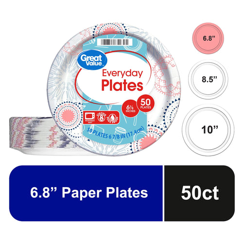 Packaged Great Value Everyday Plates with multicolor kaleidoscope border and 50ct label on white background