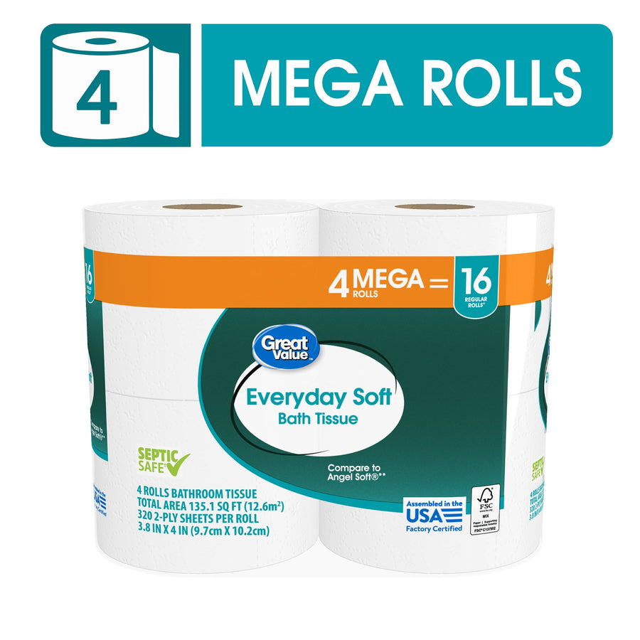 Four-pack Great Value Everyday Soft bath tissue package showing label and mega-roll indicator on white background.