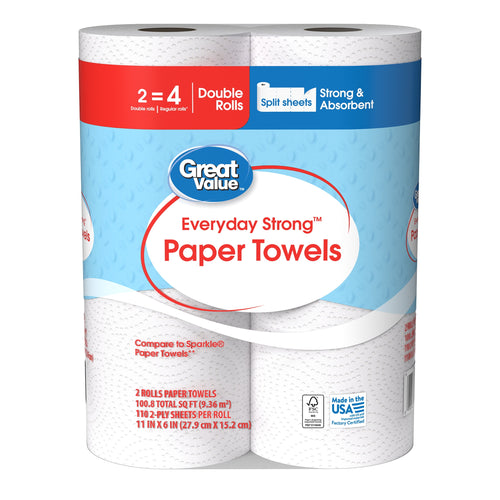 Front-facing two-roll Great Value Everyday Strong paper towels pack with blue label and red accent band.