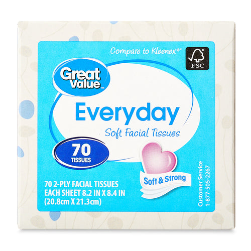 Front of Great Value Everyday soft facial tissues cube with blue label, 70 tissues callout and pink heart 'Soft & Strong' icon