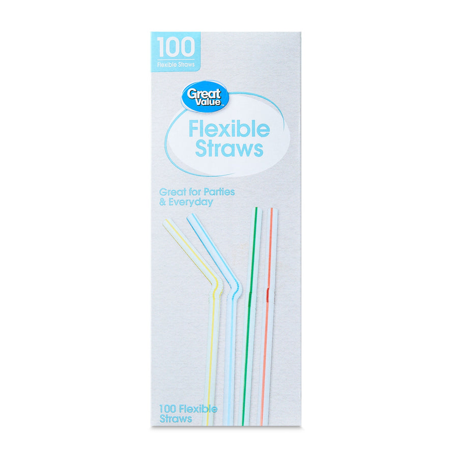 Great Value Flexible Straws product box showing pastel bent straws and blue branding on white background