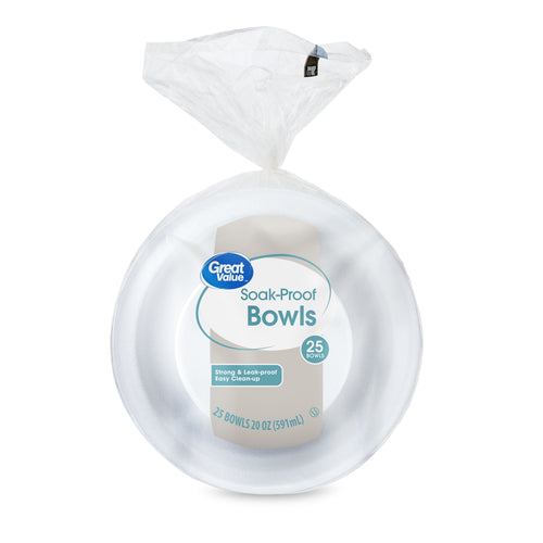 Single pack of white Great Value foam bowls in clear plastic bag with front label reading 'Soak‑Proof Bowls 25'