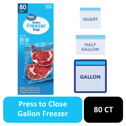 Retail box art for Great Value gallon freezer bags showing package front, meats in a clear bag, and size icons.