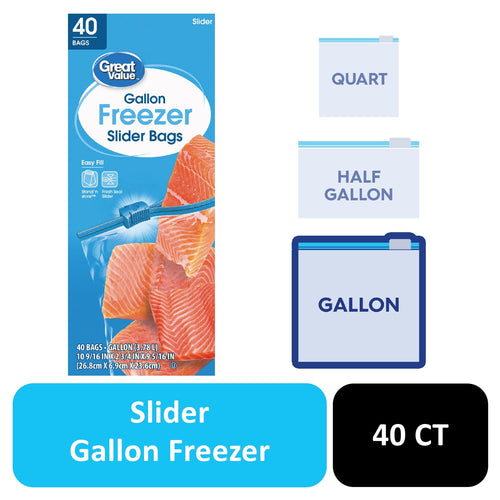 Front-facing Great Value Gallon Freezer Slider Bags box with salmon image and slider zipper graphic