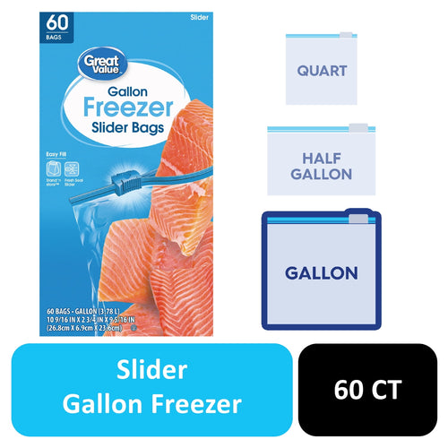 Front-facing product box showing Great Value Gallon Freezer Slider Bags artwork with salmon image and slider graphic