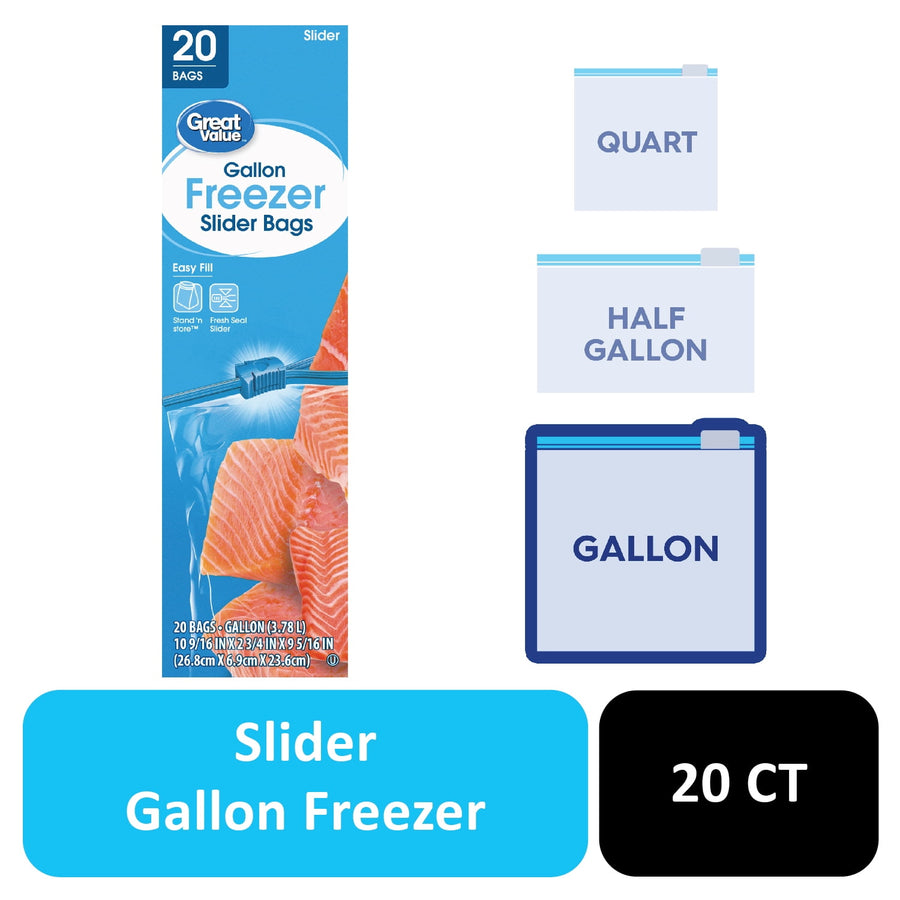 Front-facing Great Value gallon freezer slider bags box with salmon image, slider graphic and 20 ct callout.