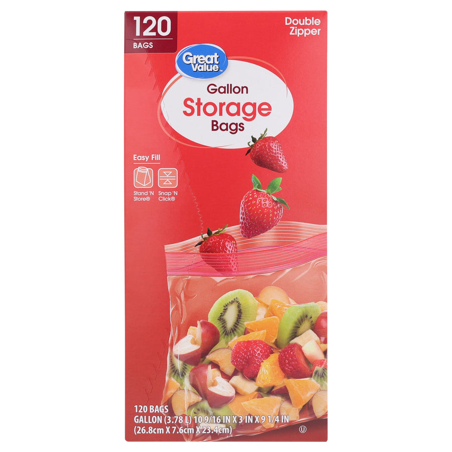 Red Great Value box of gallon double-zipper storage bags with fruit-filled bag illustration and '120 bags' label.