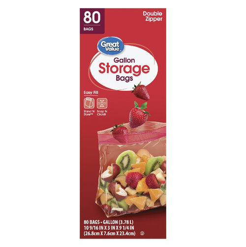 Tall product front panel for Great Value gallon storage bags showing bag filled with fruit and branding