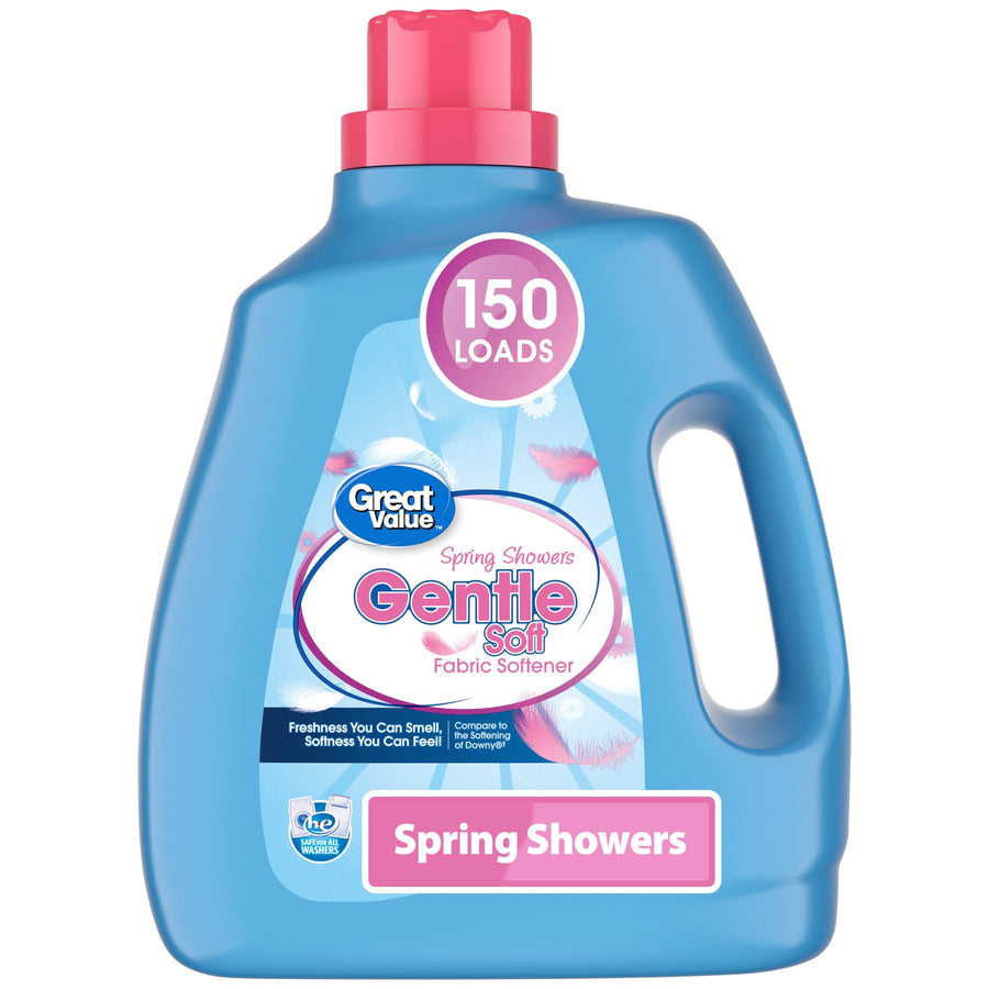 Blue Great Value Gentle Soft fabric softener bottle with pink cap and 'Spring Showers' label showing 150 loads.
