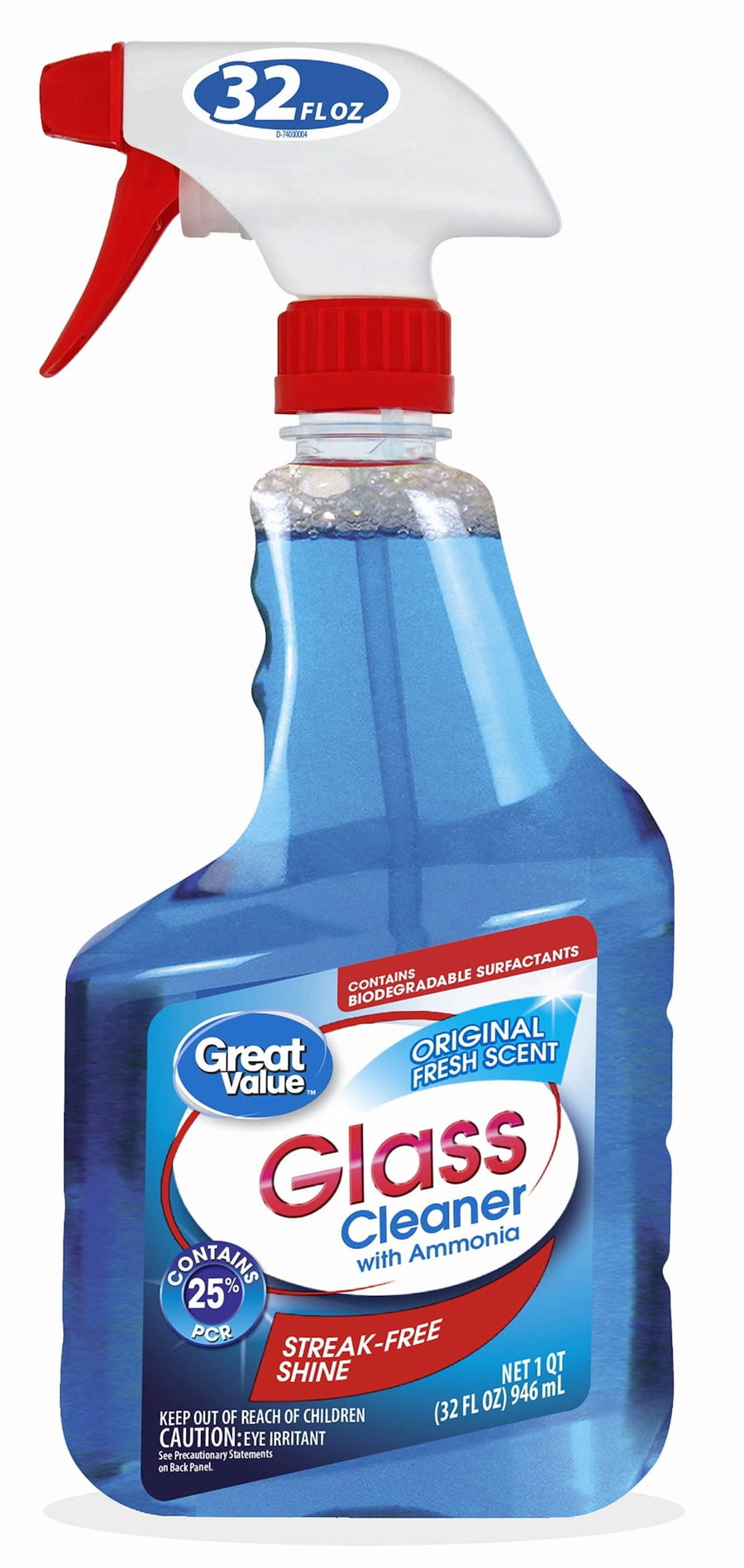 Spray bottle of Great Value glass cleaner with blue liquid, red trigger and labeled 'Glass Cleaner with Ammonia' on white background.