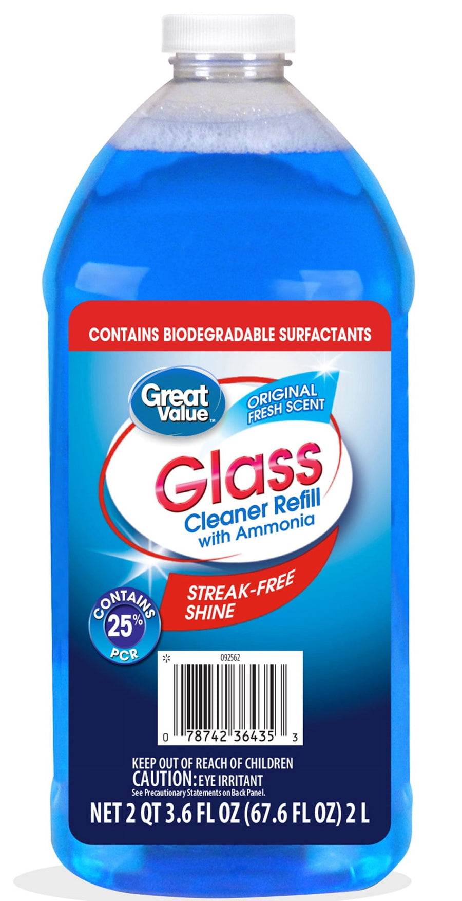 Tall clear plastic jug of blue Great Value Glass Cleaner refill with white cap and label reading 'Glass Cleaner Refill'