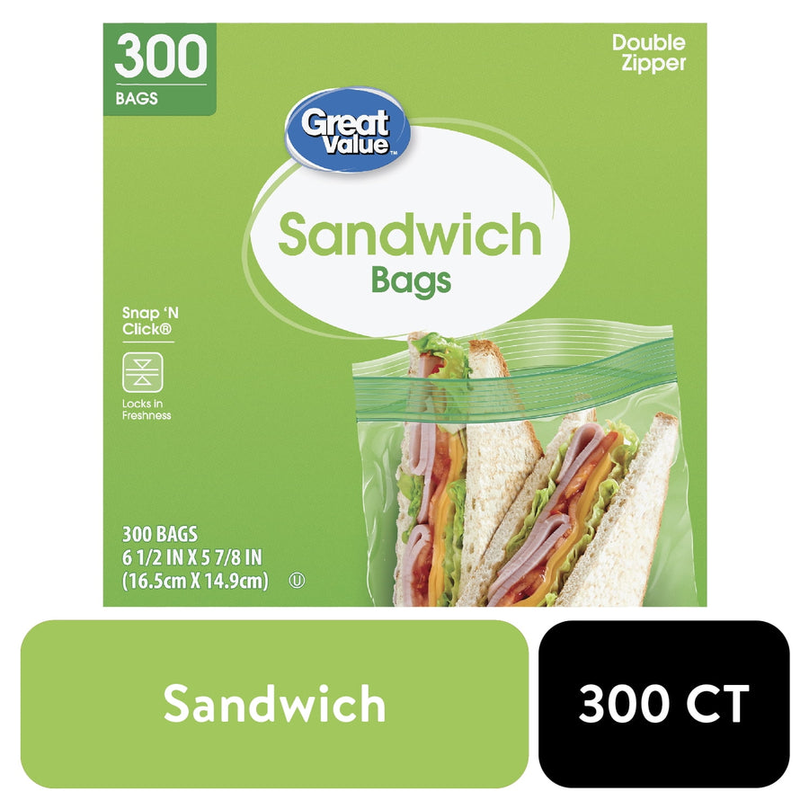 Great Value green box of sandwich bags showing sandwich inside a clear double-zipper bag and '300 bags' callout