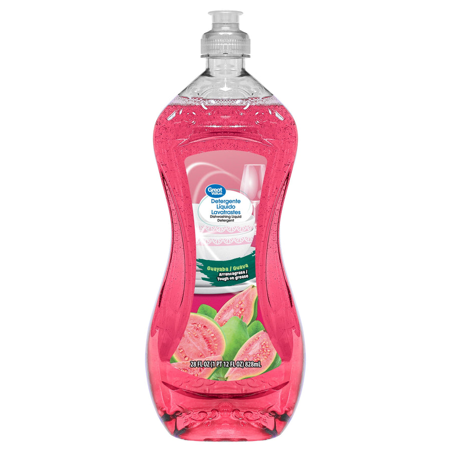 Clear plastic bottle of pink Great Value guava dishwashing liquid with visible label and fruit graphic on a white background.