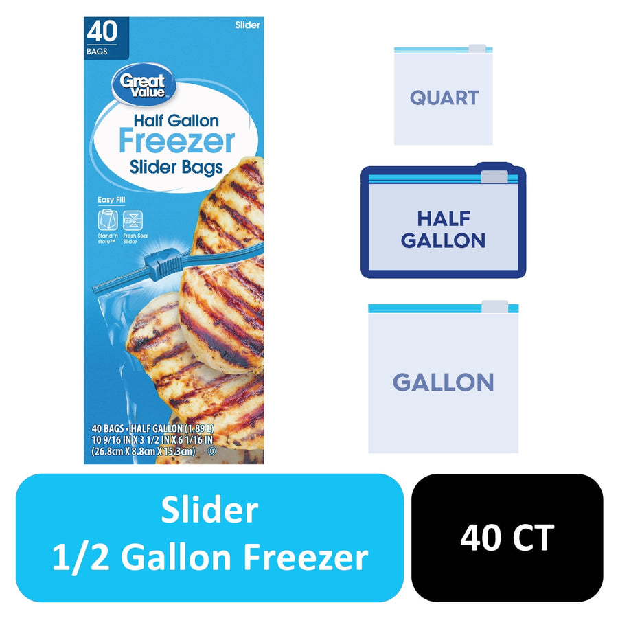 Blue Great Value half-gallon freezer slider bag box with grilled food image and illustrative bag icons