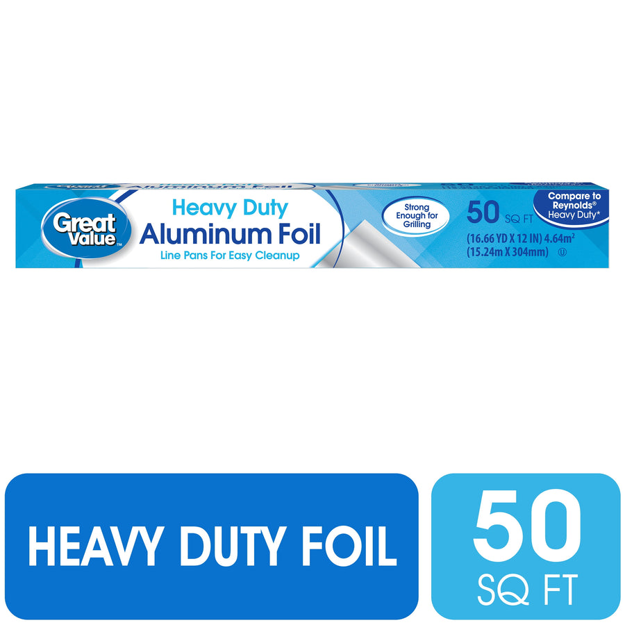 Front-facing Great Value Heavy Duty Aluminum Foil box with blue branding and 50 sq ft callout