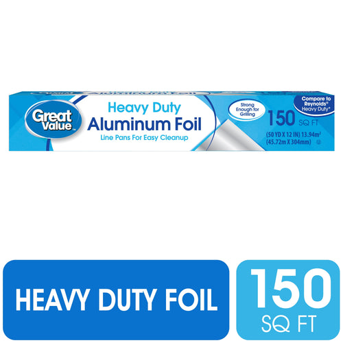Great Value heavy duty aluminum foil box front panel showing brand and 150 sq ft callout