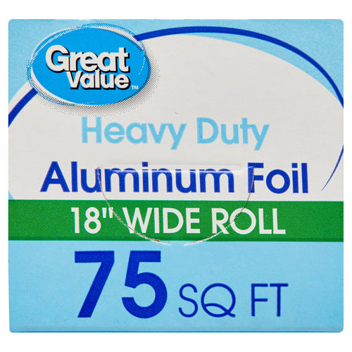 Close-up of Great Value packaging front panel reading "Heavy Duty Aluminum Foil 18" Wide Roll 75 SQ FT"