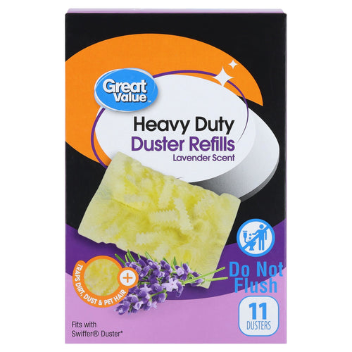 Great Value boxed package for heavy duty lavender-scent duster refills with product image and lavender sprig on front