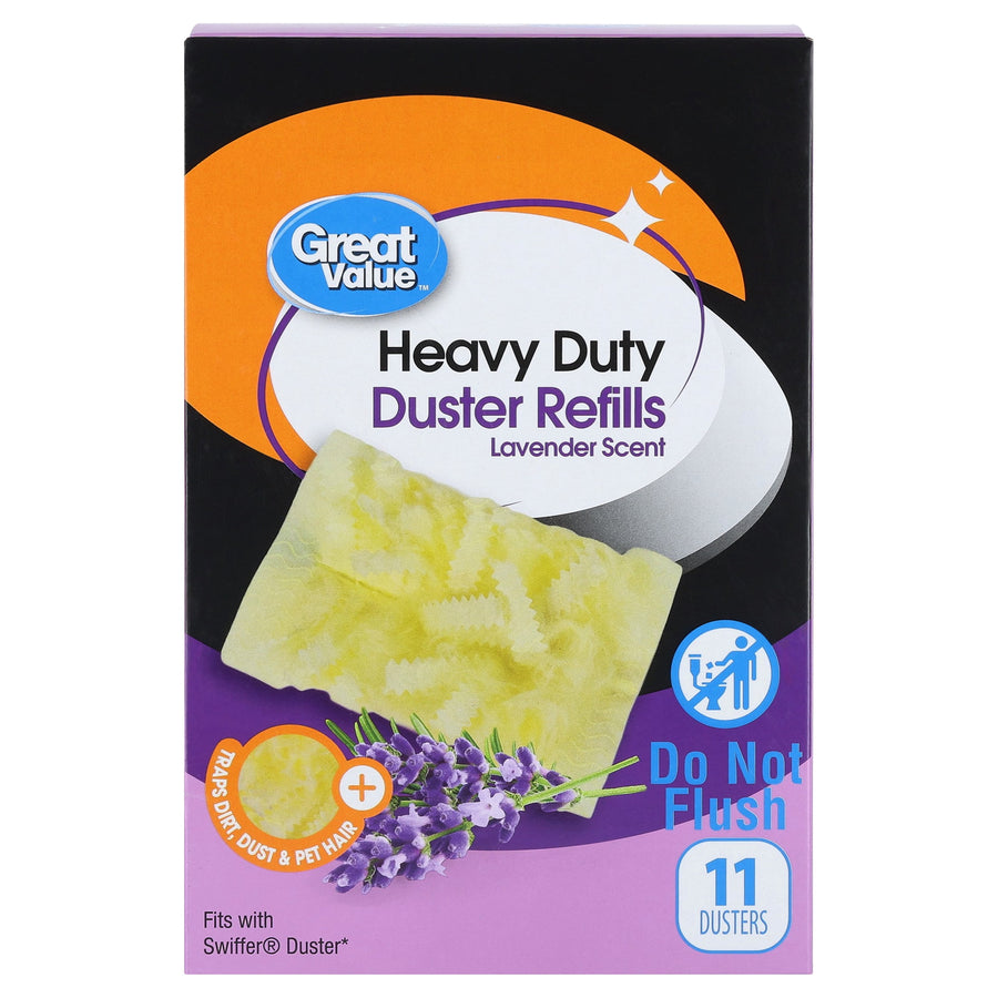 Great Value boxed package for heavy duty lavender-scent duster refills with product image and lavender sprig on front