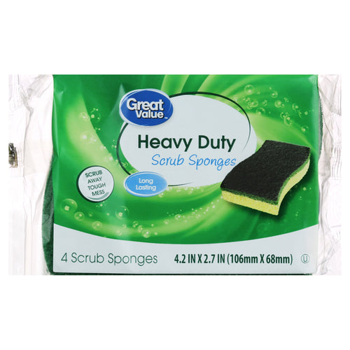 Close-up of Great Value Heavy Duty Scrub Sponges retail package with green design and product image of a green-and-yellow sponge