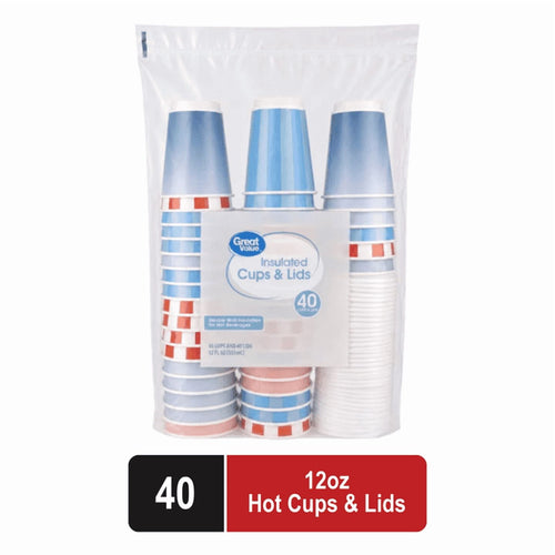 Clear retail bag of Great Value insulated hot cups and lids showing stacked blue-striped and red-accent cups with product label