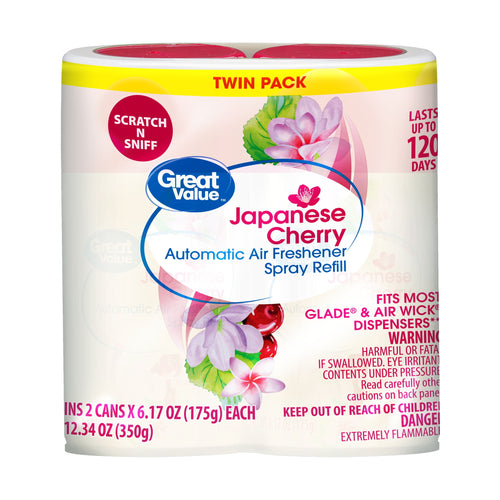 Great Value Japanese Cherry automatic air freshener spray refill twin pack with floral graphics on front.