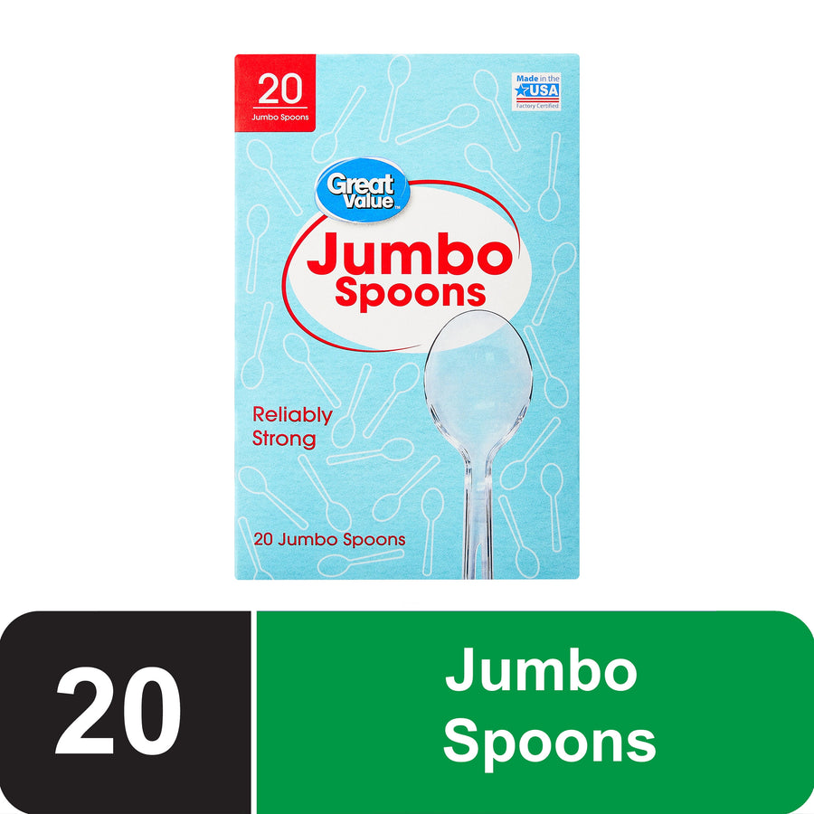 Great Value boxed packaging for jumbo clear disposable spoons with blue background and large spoon image