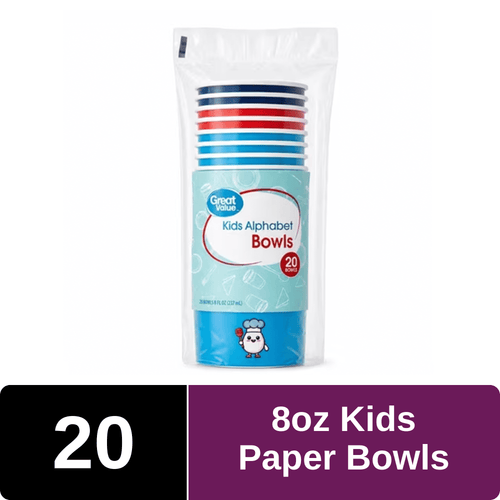 Clear plastic bag of stacked Great Value kids alphabet paper bowls with colorful rims and blue label showing brand and cartoon chef