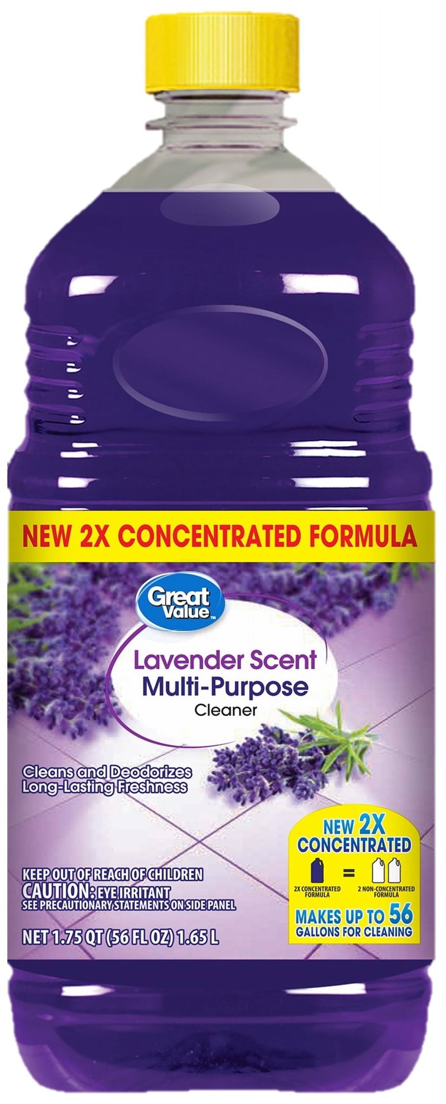 Close-up of a purple Great Value lavender-scent multi-purpose cleaner bottle with yellow cap and product label