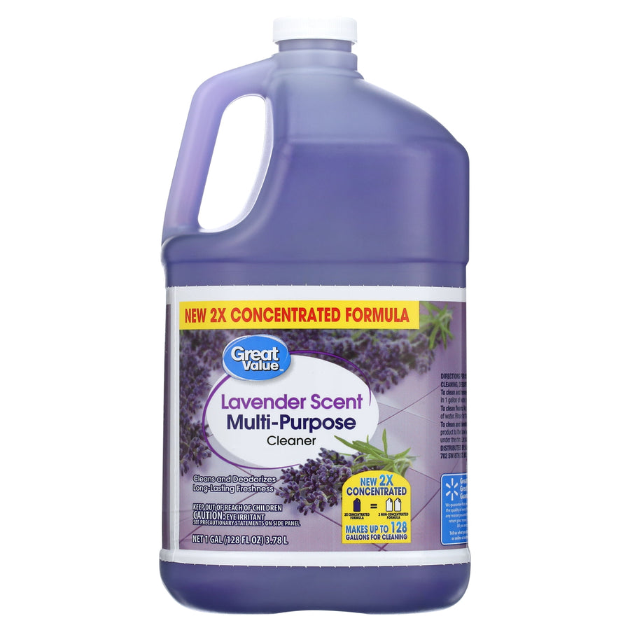 Great Value lavender-scent multi-purpose cleaner in a purple one-gallon jug with product label visible