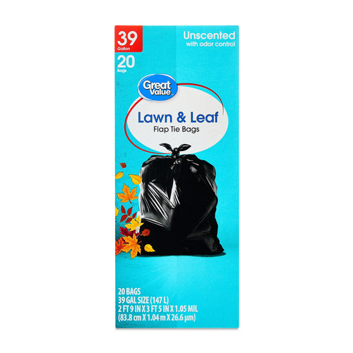 Front of Great Value Lawn & Leaf flap-tie bag box with tied black bag and autumn leaves on turquoise background